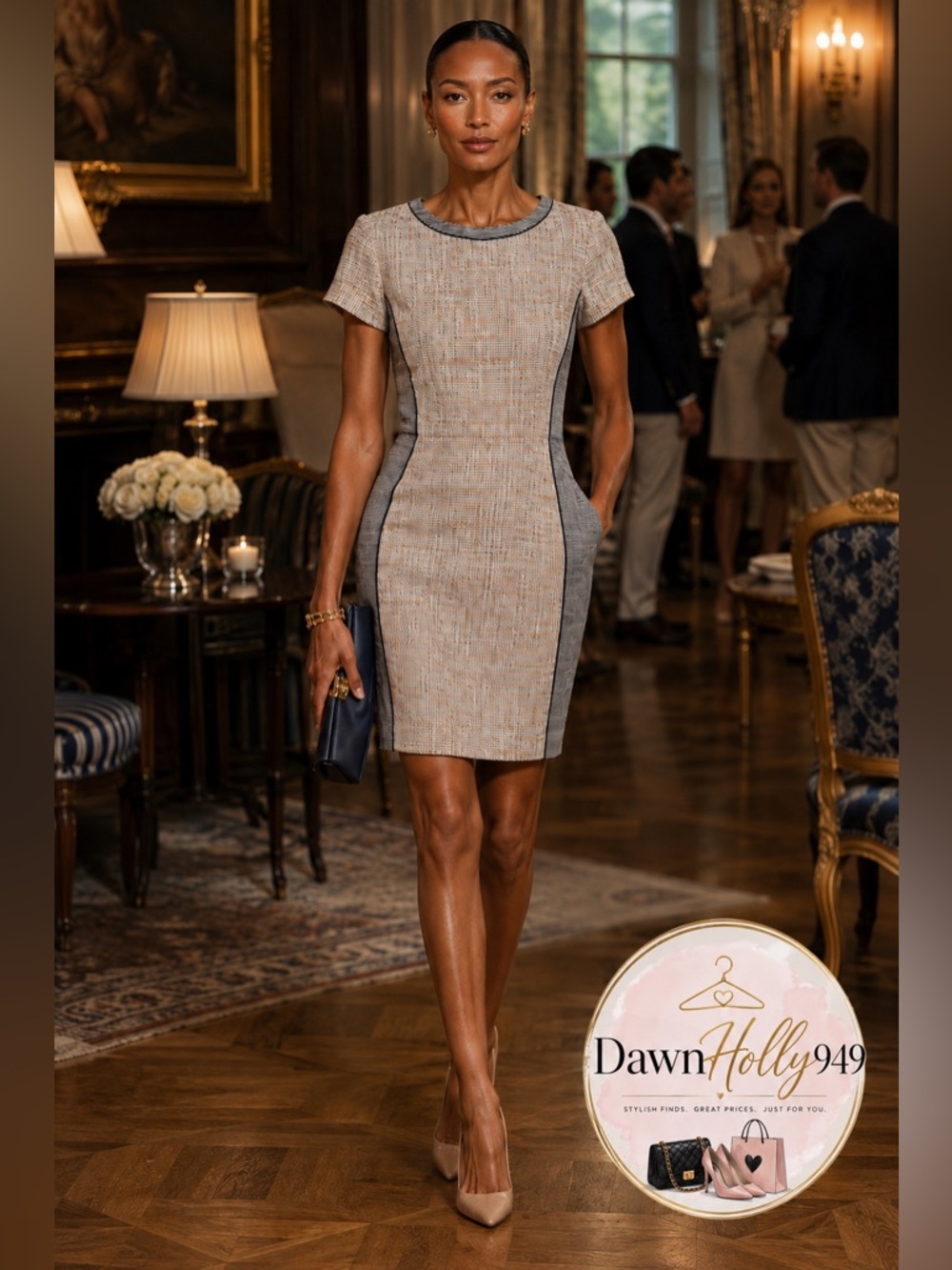 Ann Taylor Two-Tone Sheath Dress in Light Gray and Navy Trim